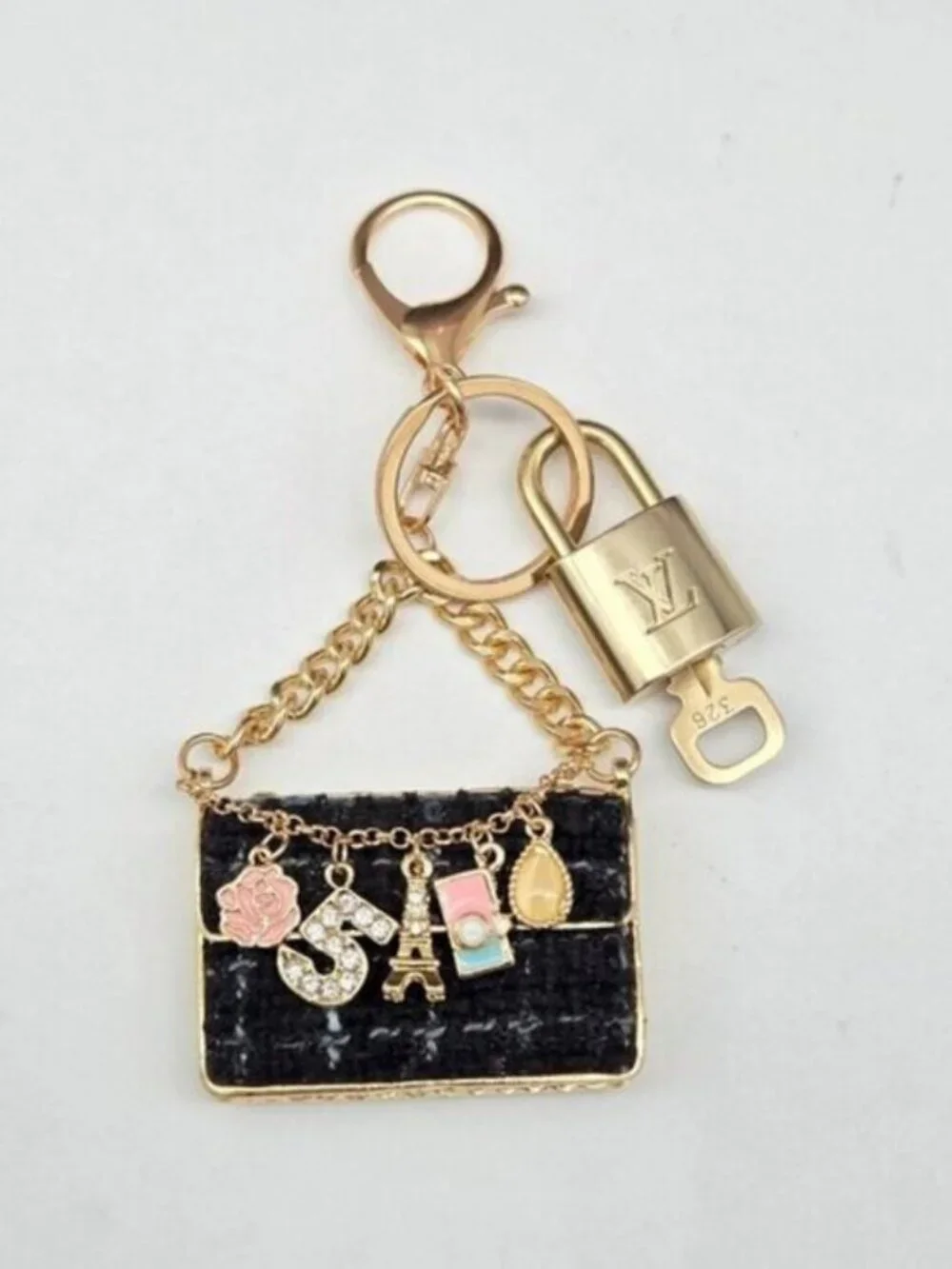 Authentic Louis Vuitton Padlock & Key Gold ✨Unbranded Tweed Bag Charm Keychain